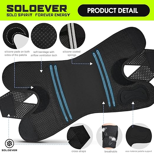 Rodillera de compresión transpirable para mujeres y hombres, con estabilizadores laterales para el dolor de rodilla, ajustable para correr.