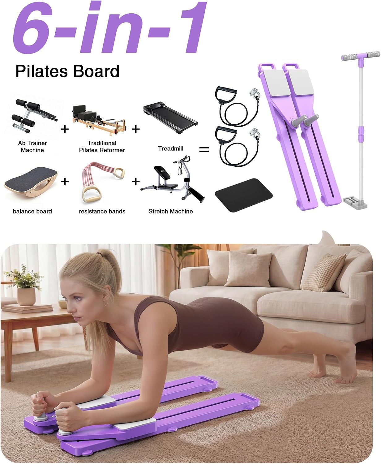 Multifunctional 6-in-1 Pliates Board with Handrail & Resistance Bands