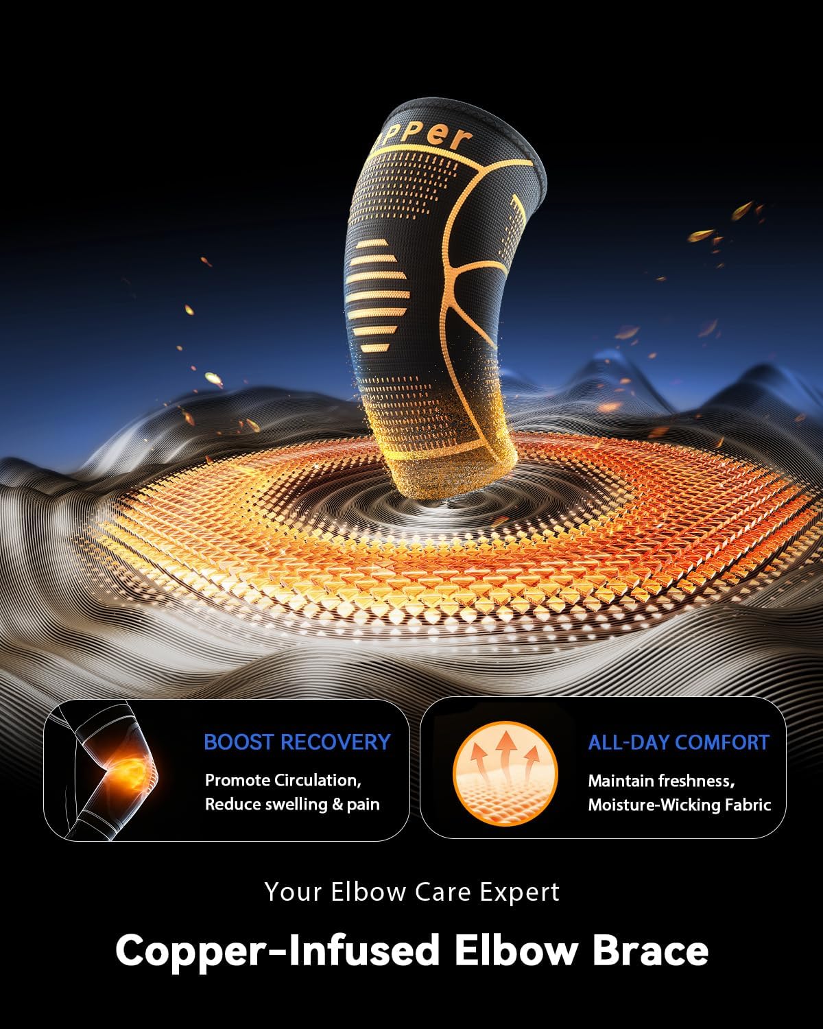 Copper-Infused Elbow Brace for Tendonitis and Tennis Elbow for Men ＆ Women